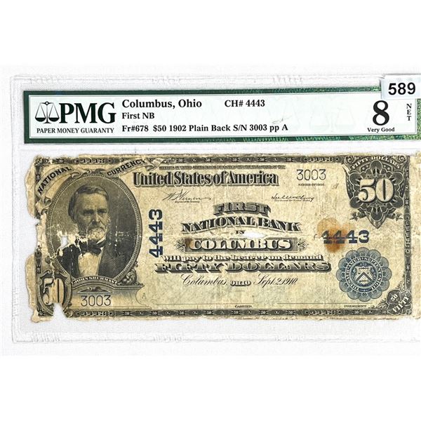 1910 $50 Columbus, OH National Bank Note PMG-8VG