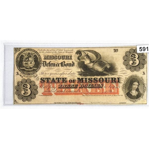 1861 $3 Dollar Missouri Defence Bond