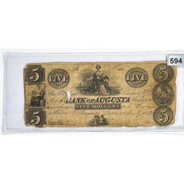 1852 $5 Dollars Bank of Augusta GA Note