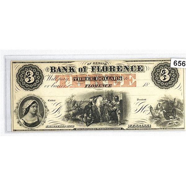 1856 $3 Bank of Florence, NE Note