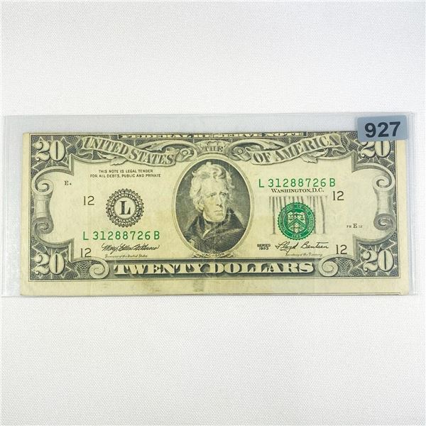 1993 ERROR Misaligned Face $20 Fed Reserve Note -