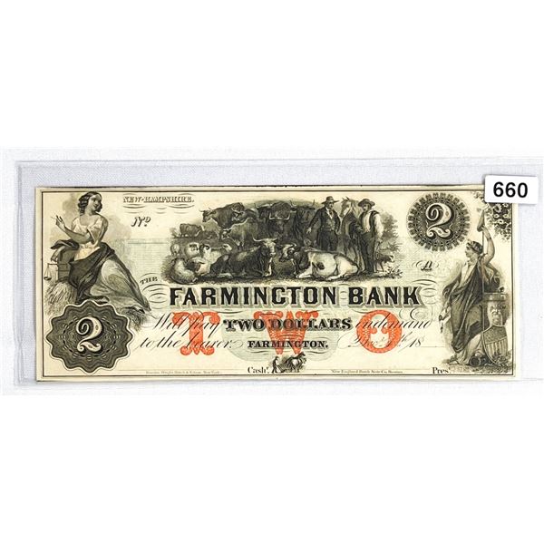 1800's $2 Farmington NH Bank Note