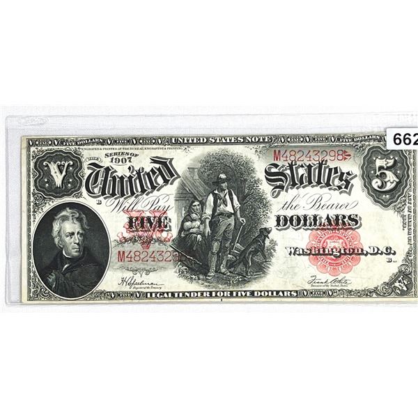 1907 $5 Wood Chopper Legal Tender CLOSELY UNC