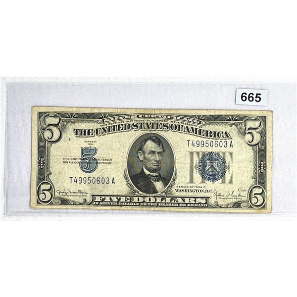 1934 D $5 Silver Certificate LIGHTLY CIRCULATED