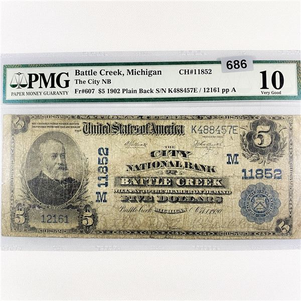 1920 $5 Battle Creek, MI National Bank Note PMG-10