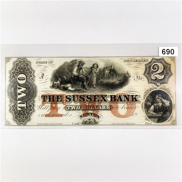 1800's $2 Sussex Bank, NJ Note