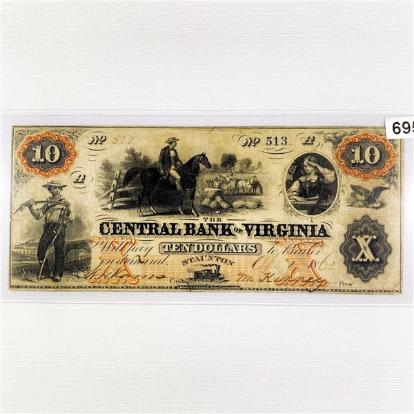1860 $10 Central Bank of Staunton VA Note