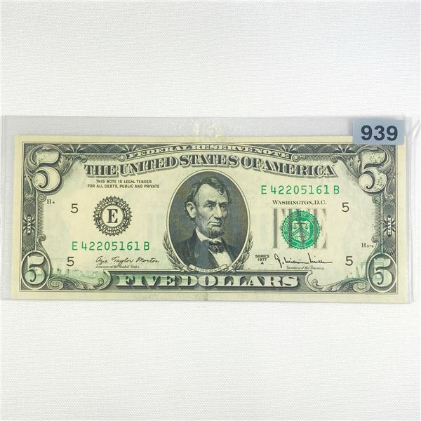 1977 ERROR Partial Offset $5 Fed Reserve Note -