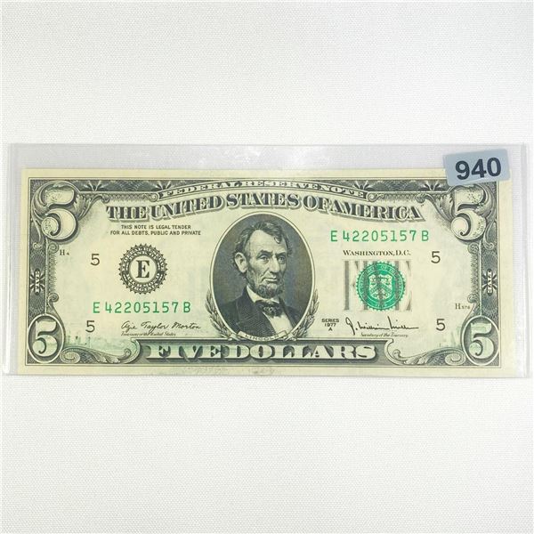 1977 ERROR Partial Offset $5 Fed Reserve Note -