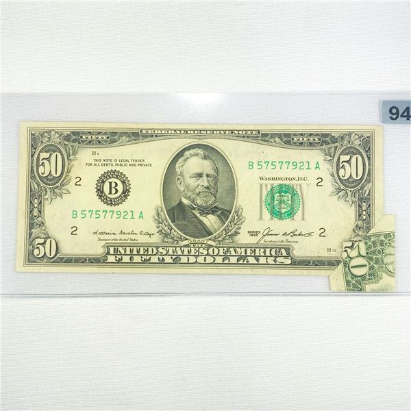 1985 RARE ERROR Butterfly Fold-over $50 Fed Note