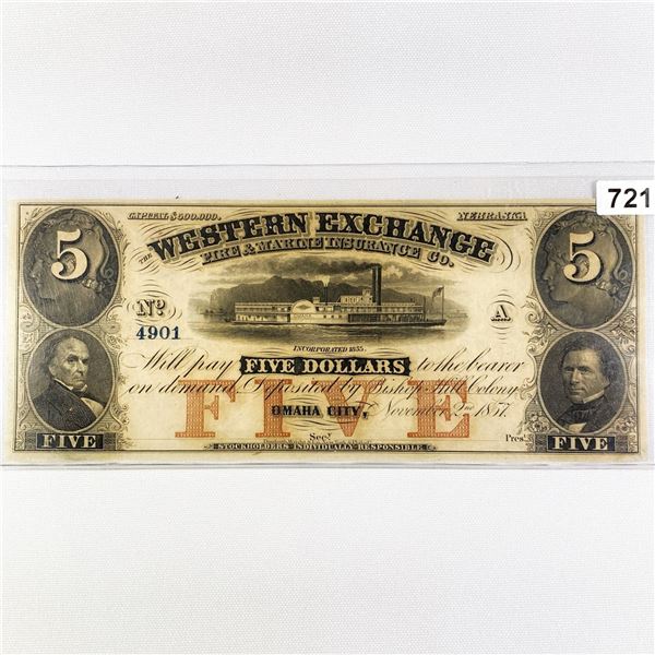 1857 $5 Western Exchange Omaha City, NE Note