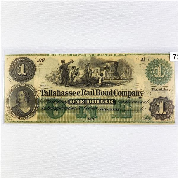 1800's $1 Tallahassee R.R. CO., FL Note