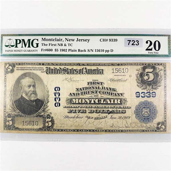 1902 $5 Montclair Bank, NJ National Bank Note