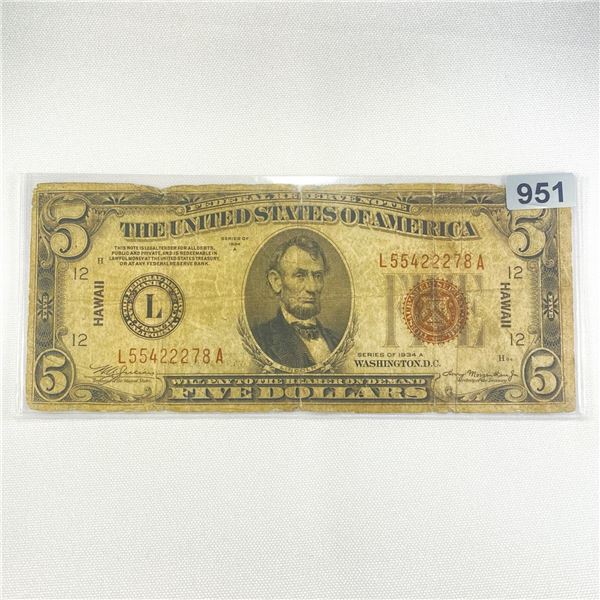 1934 WWII Hawaii Issue $5 Silver Certificate
