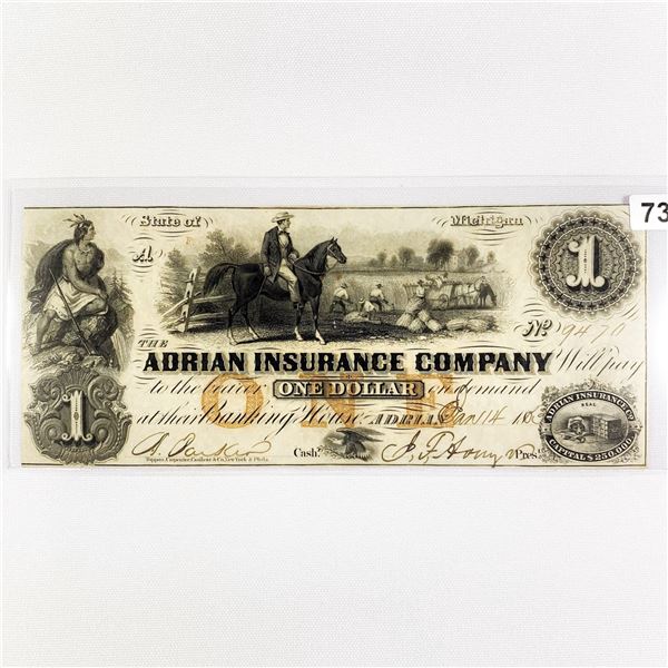 1800's $1 Adrian Insurance CO., MI Note