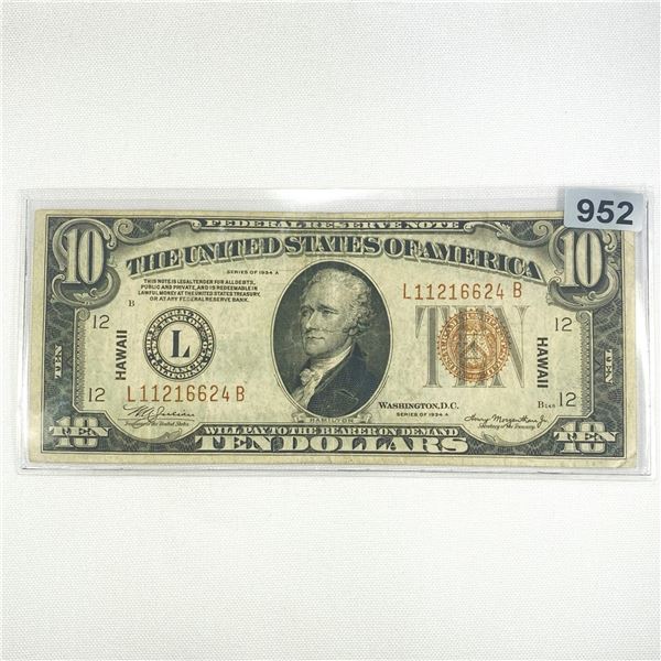1934 WWII Hawaii Issue $10 Silver Certificate