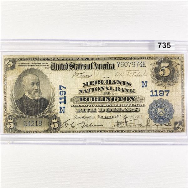 1905 LG $5 Burlington Bank, VT National Bank Note