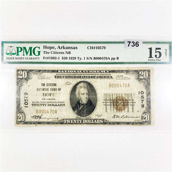 1929 $20 Hope, AR National Bank Note PMG-15