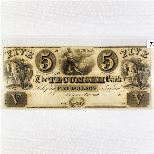 1800's $5 Tecumseh Bank, MI Note