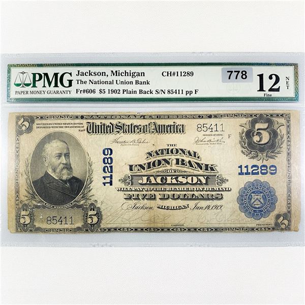 1902 LG $5  Jackson Bank, MI Nat Bank Note PMG-12