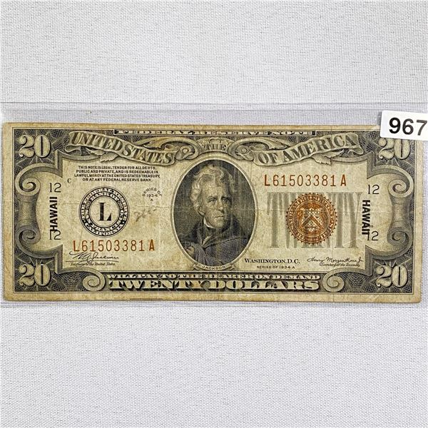 1934 WWII Hawaii Series $20 Silver Certificate
