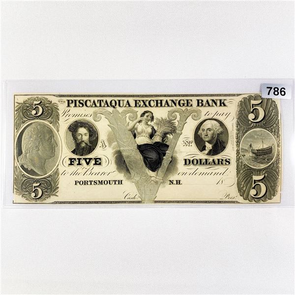1800's $5 Piscataqua Exchange Bank, NH NB Note