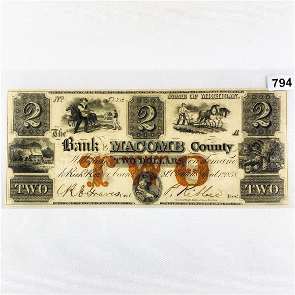 1858 $2 Macomb Country Bank, MI Note