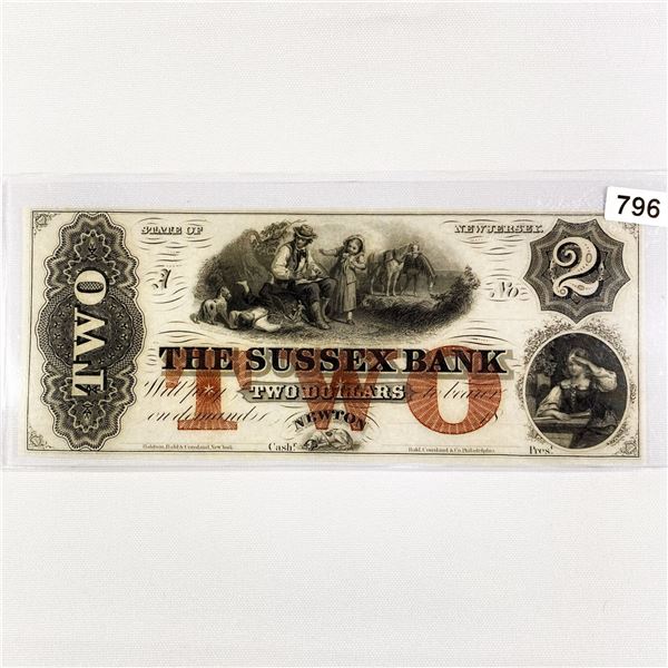 1800's $2 Sussex Bank, NJ Note