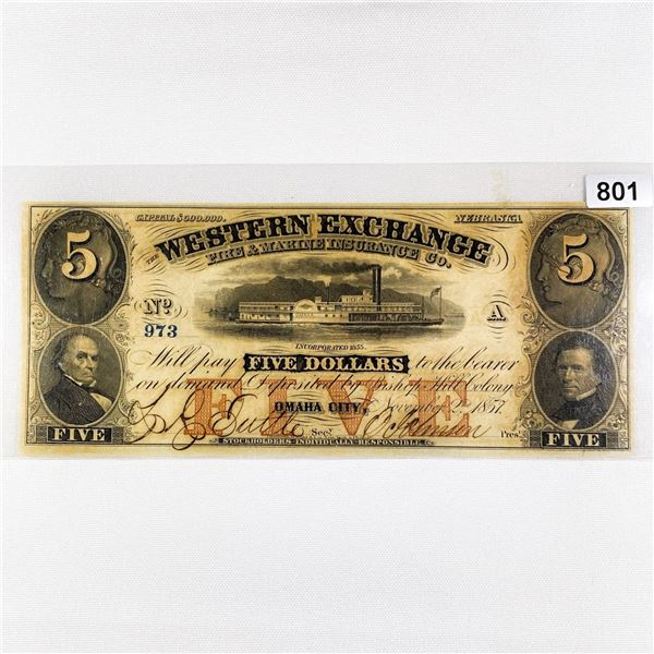 1855 $5 Western Exchange, NE Note