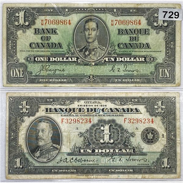 (2) 1935 and 37 Canada $1 Note CIRC