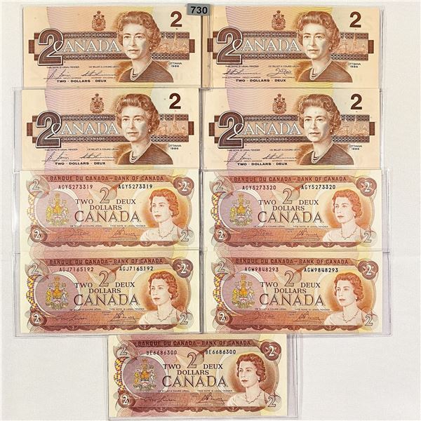 (9)1974-86 Queen Elizabeth $2 Notes UNC