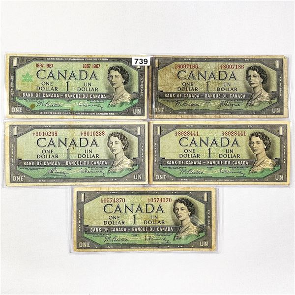 (5)1867-1967 Canada Queen Elizabeth $1 Notes CIRC