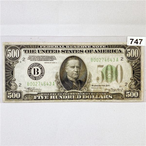 1934 $500 Five Hundred Dollars Federal Reserve