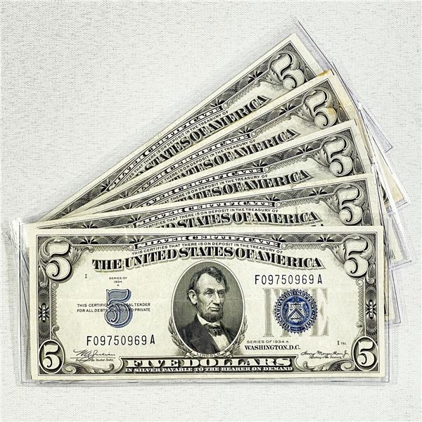 (5) $5 Silver Certificates -CIRC-AU