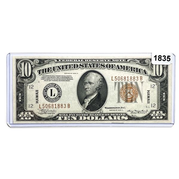 1934-A WWII Hawaii Issue $10 Ten Dollar NB Note -