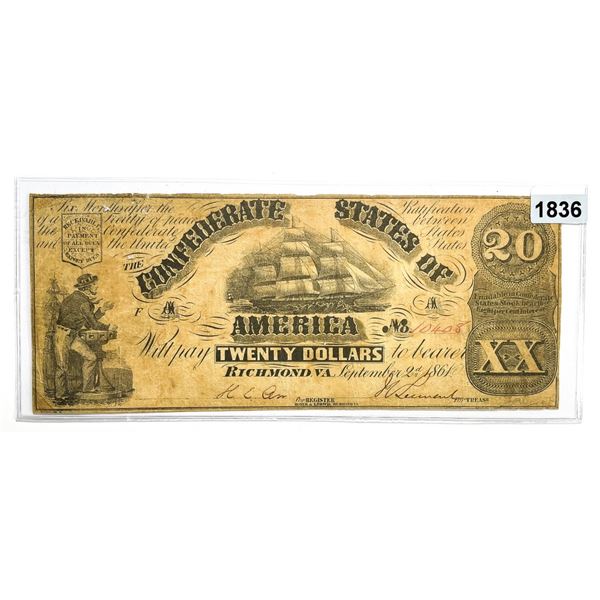 1864 Confederate States $20 Twenty Dollar Note -
