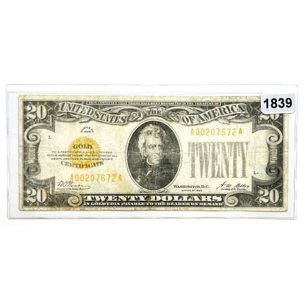 1928 $20 Twenty Dollar Gold Certificate -