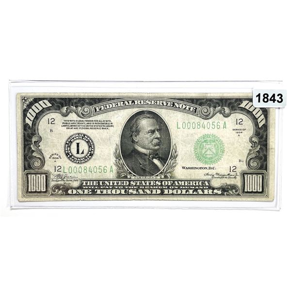 1934-A $1000 Thousand Dollar Fed. Reserve Note -