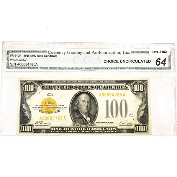 1928 $100 One Hundred Dollar Gold Cert. CGA Ch UN