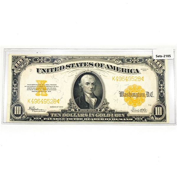 1922 $10 Ten Dollar Gold Cert.