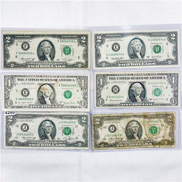 (6) Misc $1 & $2 Fed. Reserve Notes