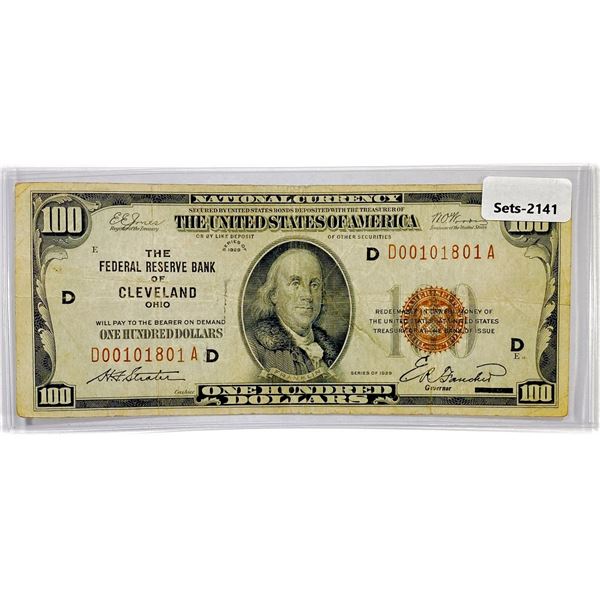 1929 Cleveland Bank, OH $100 One Hundred Dollar Le