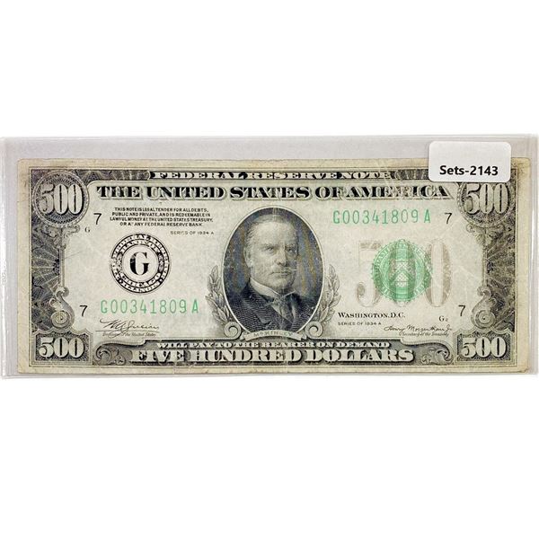 1934-A $500 Five Hundred Dollar Fed. Reserve Note