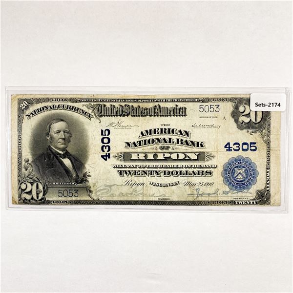 1902 $20 Twendy Dollar Ripon Bank, WI Legal Tender