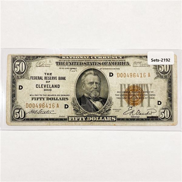 1929 $50 Fifty Dollar Cleveland Bank, OH Legal Ten