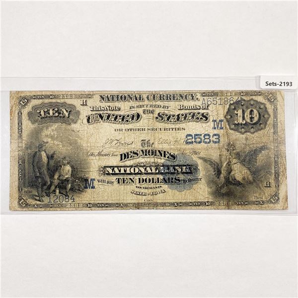 1901 LG $10 Ten Dollar Des Moines Bank, IA Legal T