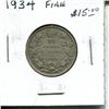Image 1 : 1934 Canadian Silver 25 Cents. Key Date. Mintage of 384,350. F-12.