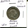 Image 1 : Austria. 1893 1 Corona. Franz Josef I. Silver. VF-30.