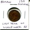 Image 1 : Great Britain. 1918 Farthing. Last year of World War I. EF-40.