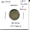 Image 1 : Great Britain. 1891 Silver 3 Pence. Queen Victoria. VG-8.